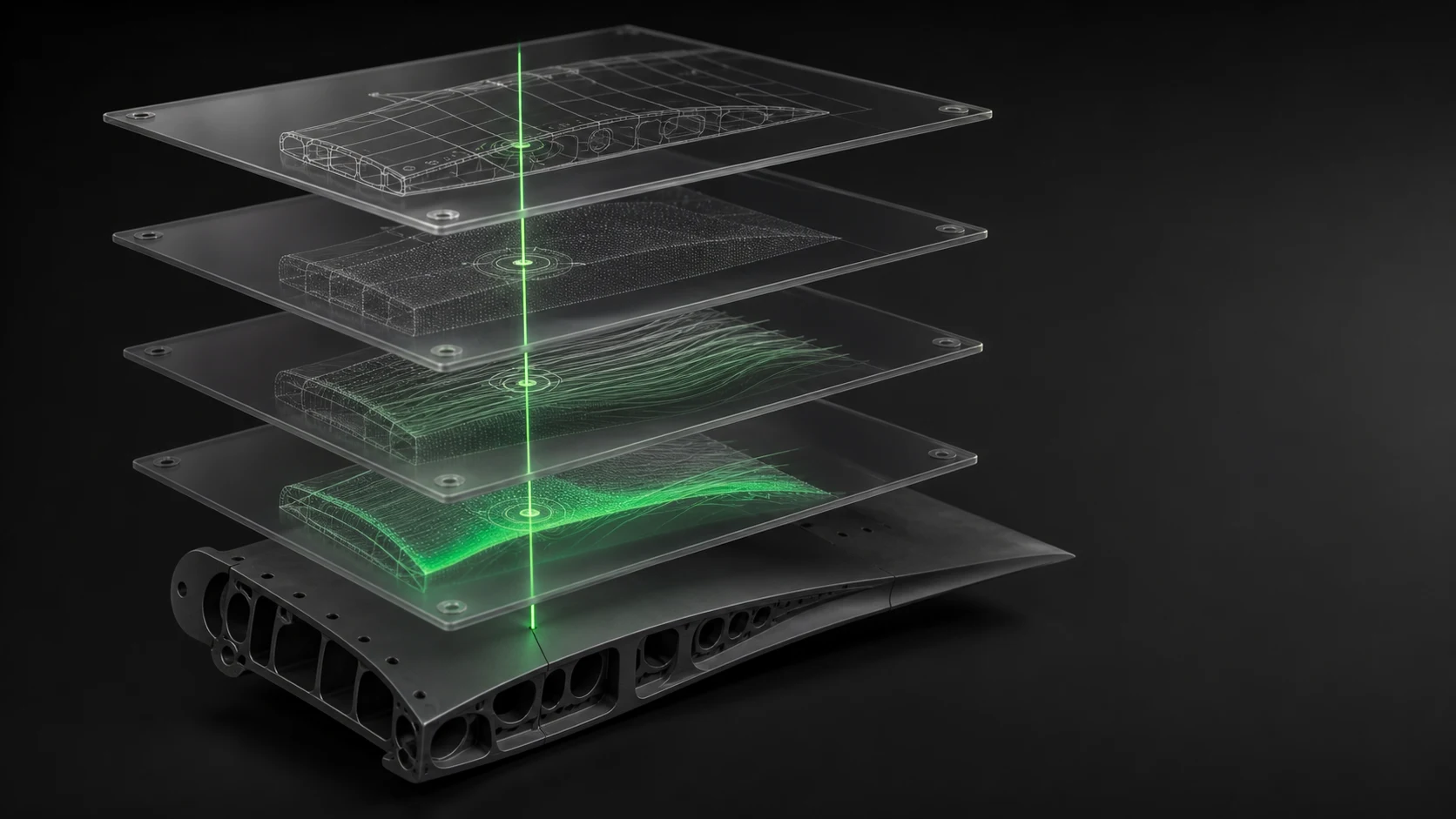 Four physical engineering evidence layers aligned above an aerospace component